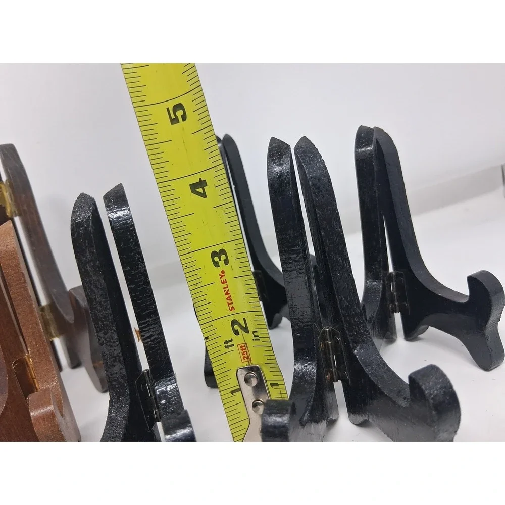 Hinged Easel Plate Holders Wooden Folding Set of 7 Black/brown. Q